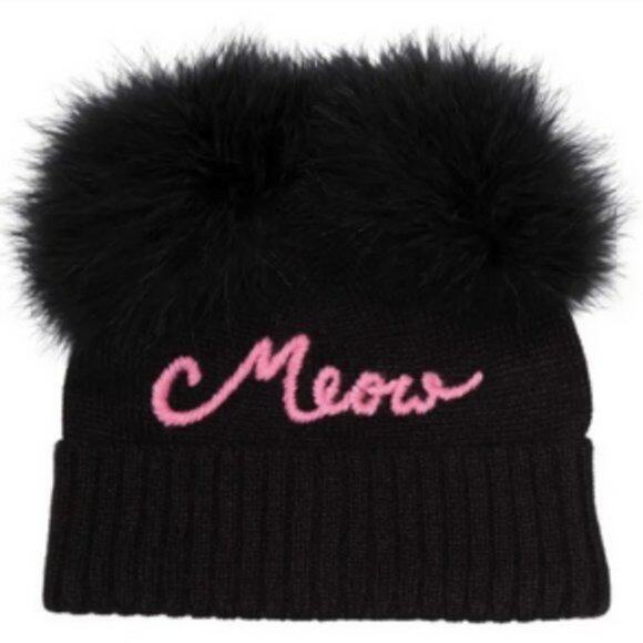 Kate Spade New York meow marabou pompom beanie black - Picture 1 of 5